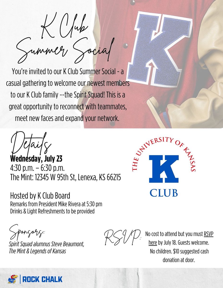 You’re invited to our K Club Summer Social! ☀️

A casual gathering to welcome our newest K Club members: the Spirit Squad Alumni. Reconnect with teammates, meet new faces, and expand your Jayhawk network. 

RSVP by July 18th via Athlete Network

#RockChalk #KClub