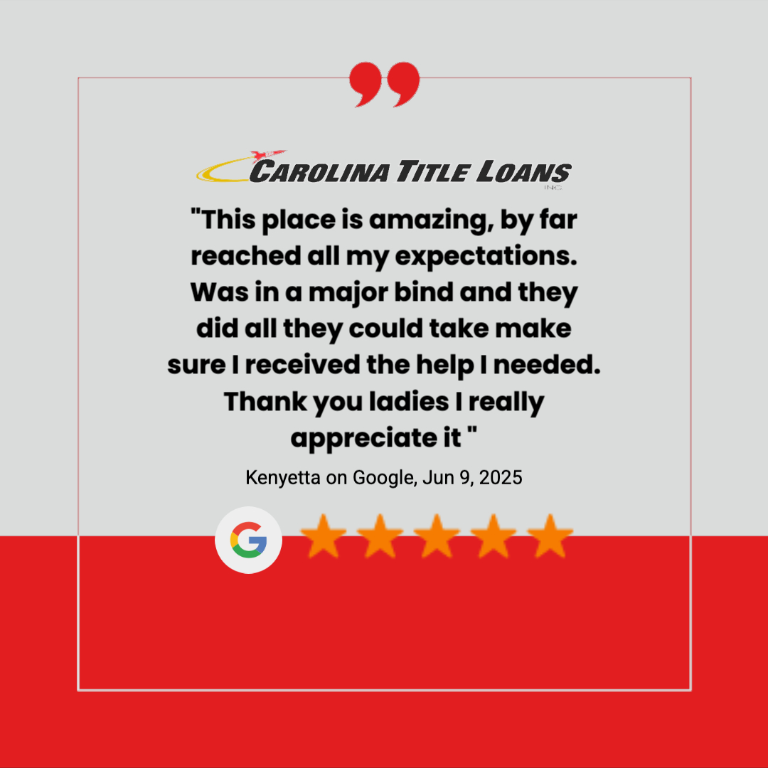 Thank you, Kenyetta, for your fantastic Google Review! 😊 We're thrilled you had a quick &amp; friendly loan experience. 💸💸 Your trust means everything to us! 😍 Ready for fast service? 🚀 Visit CarolinaTitleLoansInc.com! 

#LoanReviews #GoogleReviews #TitleLoans #CarolinaTitleLoans