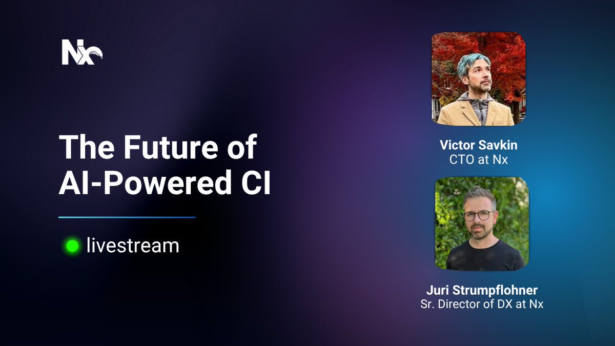 Nx (@nxdevtools) on Twitter photo 🟢 Upcoming Live Stream: The Future of AI-Powered CI
Join <a href="/victorsavkin/">Victor Savkin</a> and <a href="/juristr/">Juri · juri.dev</a> as they explore how AI is transforming the developer tooling ecosystem and what the future holds for AI-powered CI.
(link below) 🟢 Upcoming Live Stream: The Future of AI-Powered CI
Join <a href="/victorsavkin/">Victor Savkin</a> and <a href="/juristr/">Juri · juri.dev</a> as they explore how AI is transforming the developer tooling ecosystem and what the future holds for AI-powered CI.
(link below)