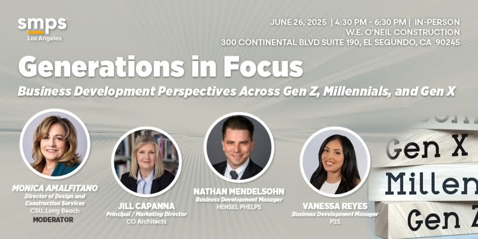 Join CO's Jill Capanna and other industry professionals at the upcoming SMPS Los Angeles panel on business development insights across generations. See you in El Segundo this Thursday! Read more and sign up here: bit.ly/4ngM6Z9