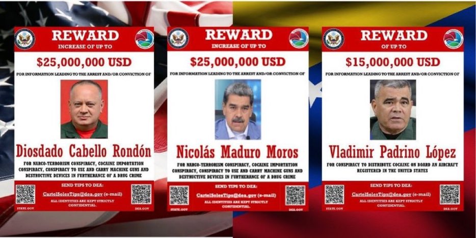 ¡Gran oportunidad! 🕵️‍♂️ El gobierno de EE. UU. ofrece recompensas de hasta **$25,000,000 USD** por información que lleve al arresto y/o condena de Diosdado Cabello Rondón y Nicolás Maduro Moros, y **$15,000,000 USD** por Vladimir Padrino López. Ayuda a desmantelar redes de
