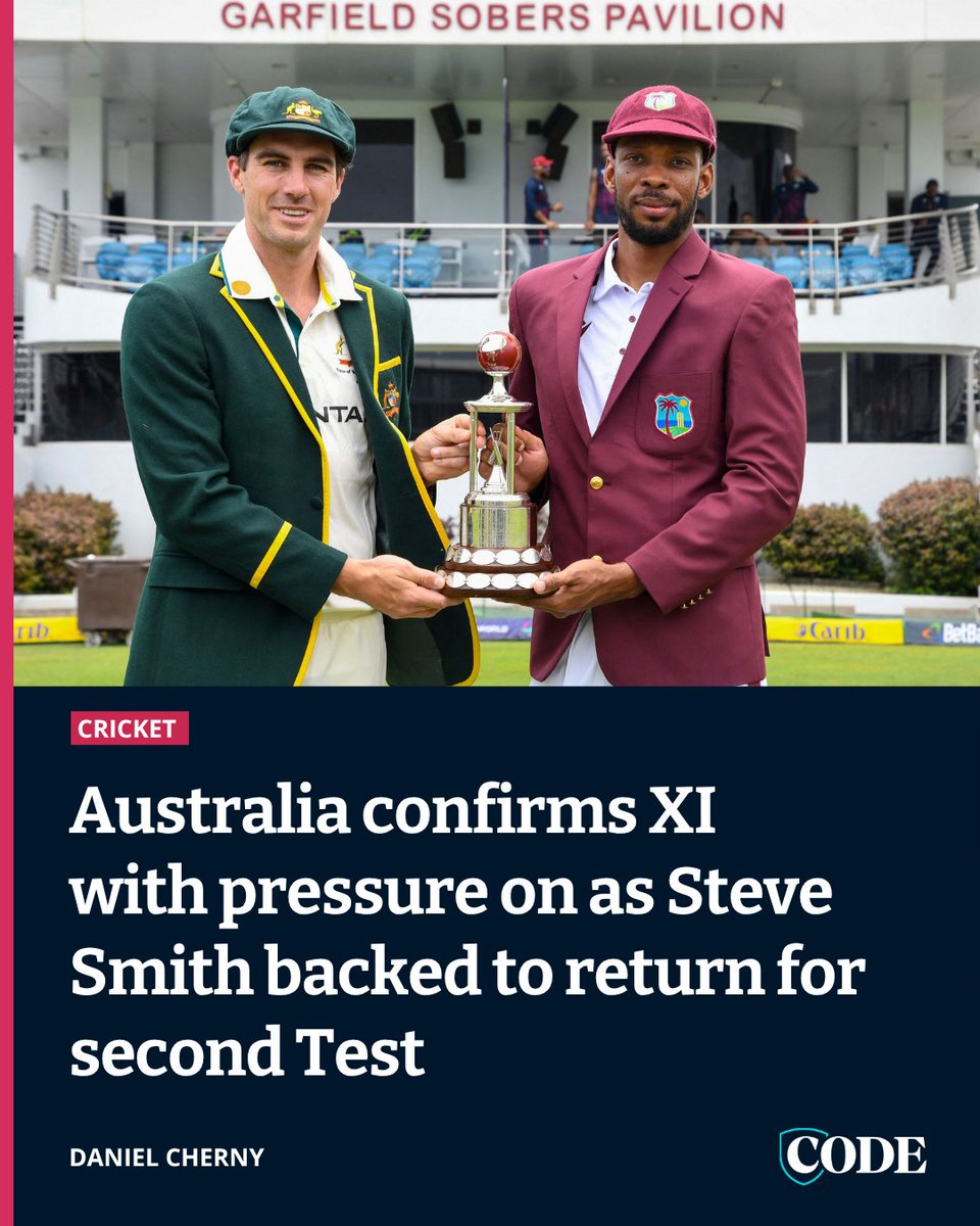 CODE Cricket (@codecricketau) on Twitter photo Australia has confirmed its XI for the first Test against the West Indies, making crucial calls at three and four.
But with Steve Smith backed to return for the second Test, the selection squeeze is already on.
More from <a href="/DanielCherny/">Daniel Cherny</a> ▶️ bit.ly/44fxQHh Australia has confirmed its XI for the first Test against the West Indies, making crucial calls at three and four.
But with Steve Smith backed to return for the second Test, the selection squeeze is already on.
More from <a href="/DanielCherny/">Daniel Cherny</a> ▶️ bit.ly/44fxQHh