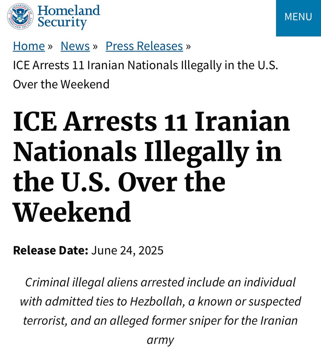 ICE Arrests 11 Iranian Nationals Illegally in the U.S. Over the Weekend

dhs.gov/news/2025/06/2…