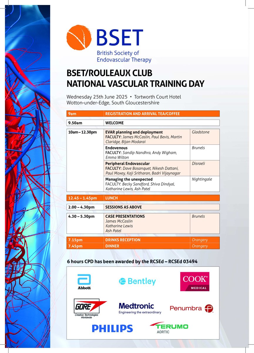 We welcome all delegates to the BSET and @rouleauxclub National Vascular Training Day.   Our faculty and industry are ready for a day of teaching and practical demonstrations in aortic, peripheral, endovenous treatment, and managing the unexpected.