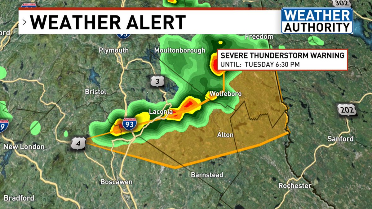 JUST IN: A Severe Thunderstorm Warning is in effect for parts of Belknap, Carroll, Merrimack, Strafford County until 6/24 6:30PM