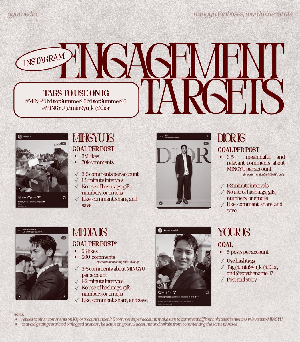 emv/miv guidelines &amp; target for mingyu at dior's summer 2026 show at paris fashion week #민규 #MINGYU 

here are the updated goals and guidelines to follow during mingyu's appearance for dior's show at pfw.

make sure to prepare your instagram accounts, gyuldaengies! 🖤