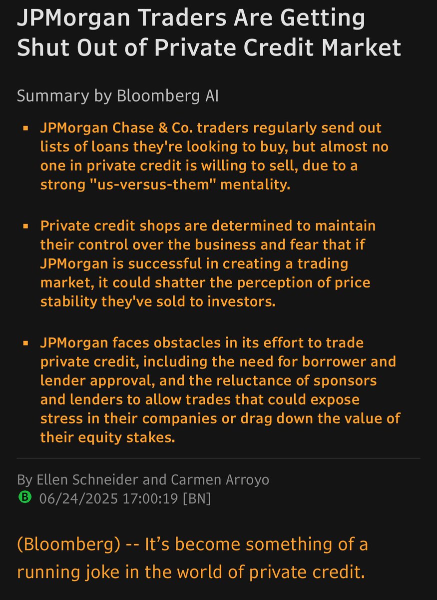 Once a month, JPMorgan traders send out a list of dozens loans they’re looking to buy and then fail to get their hands on a single one. It’s not about the price. They’re willing to pay up. The problem is no one in private credit is willing to sell.
