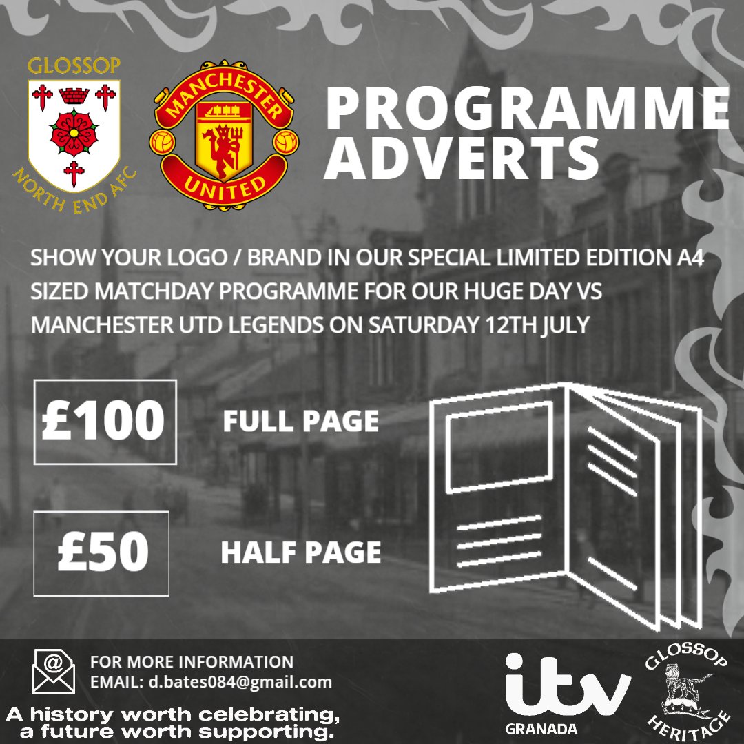 Glossop North End (@glossopnorthend) on Twitter photo 🚨Last chance for programme adverts!🚨
Get your business in front of a sellout crowd of 1,350 + at the GNE vs Man Utd Legends game (12th Jul)
💥Just £100 for a full-page A4 ad
📰Special collectors' edition programme
✅Amazing local exposure
📨Email d.bates084@gmail.com to book 🚨Last chance for programme adverts!🚨
Get your business in front of a sellout crowd of 1,350 + at the GNE vs Man Utd Legends game (12th Jul)
💥Just £100 for a full-page A4 ad
📰Special collectors' edition programme
✅Amazing local exposure
📨Email d.bates084@gmail.com to book