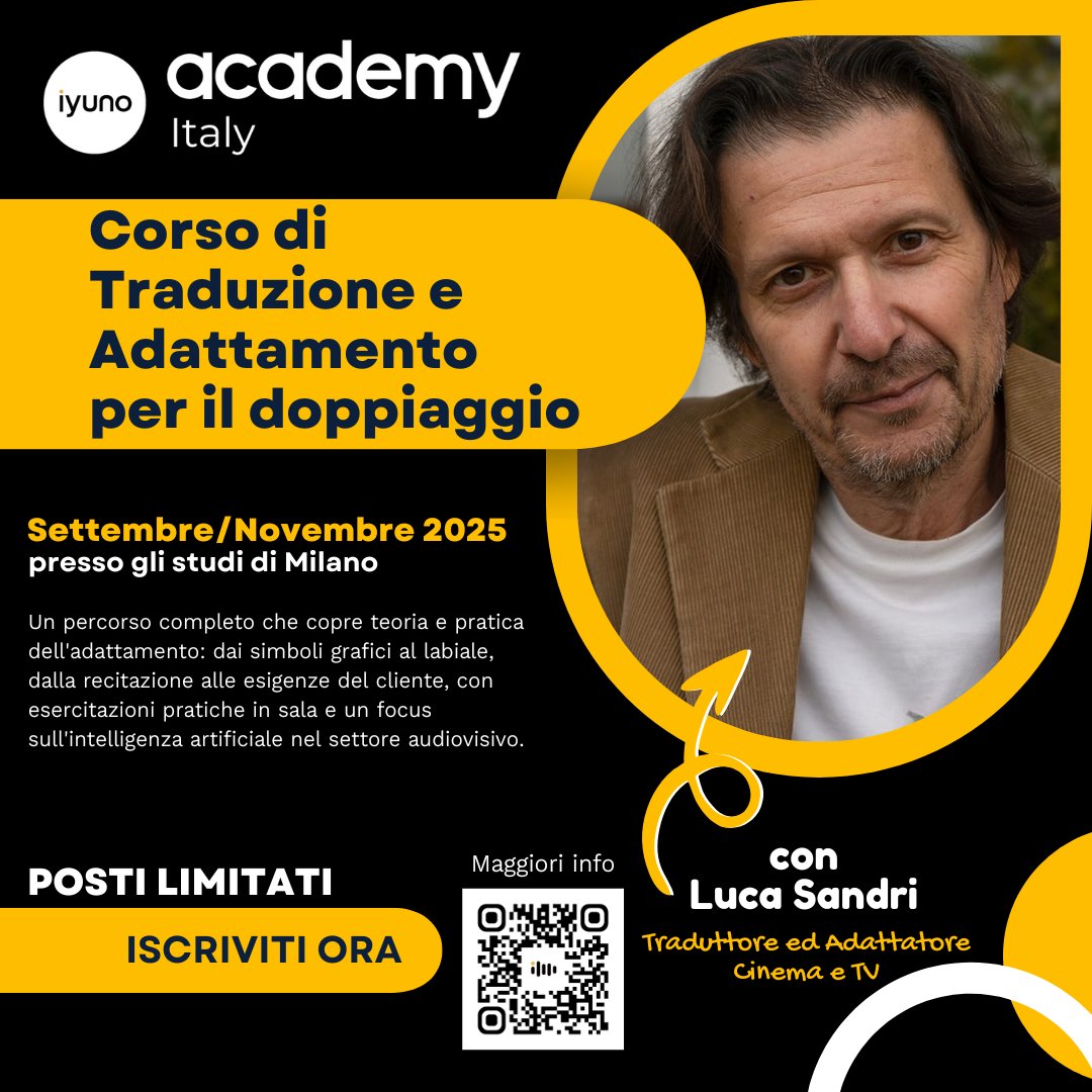 Want to break into the world of dubbing? Learn how to adapt scripts, match lip-sync, and work in studio — with expert guidance from Luca Sandri.
📍 In-person course | Milan | Fall 2025
⚡️ Spots are limited — scan the QR code to register!
#IyunoAcademyItaly #WeAreIyuno