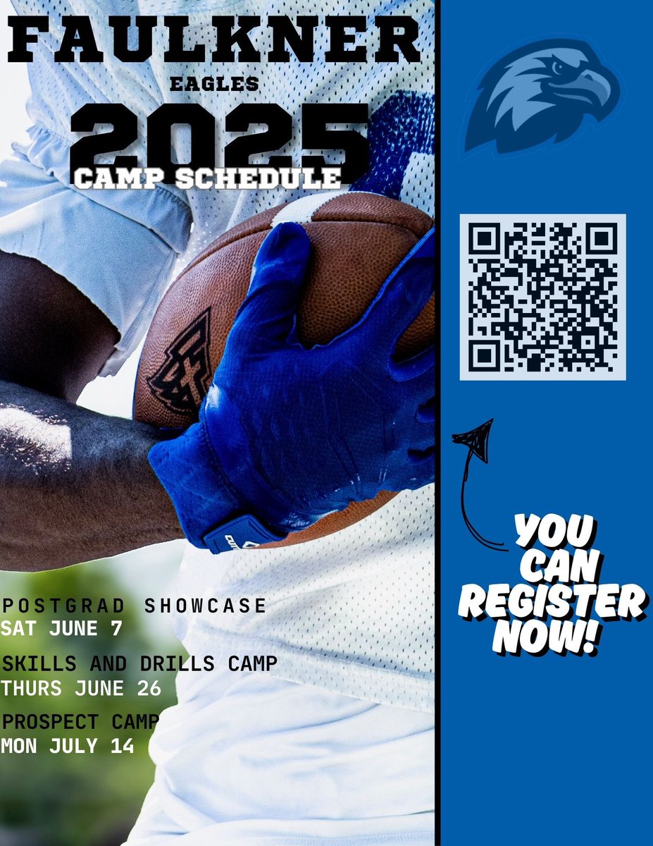 The first camp went great!

Let’s run it back! Come get in front of the staff at <a href="/FaulknerFTBL/">FaulknerFootball</a> and get evaluated!

Offers went out after last camp. Why not you?

Link: eaglesfootballcamps.com