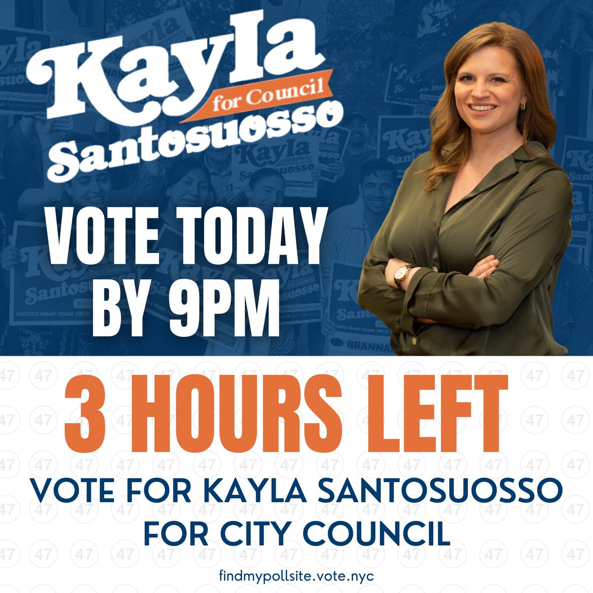 Kayla4Council's tweet image. It’s really hot…
Nothing is cooler than participating in democracy 😎
Three hours left to vote for Kayla Santosuosso!
findmypollsite.vote.nyc