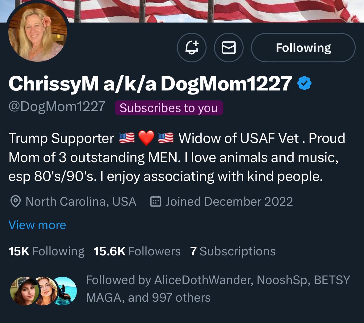 Please follow this great patriot!  <a href="/DogMom1227/">ChrissyM</a> She’s a dog mom and a widow of a USAF Vet. Thank you for your Husbands service! 🦅🇺🇸

Let’s give this patriot some love !