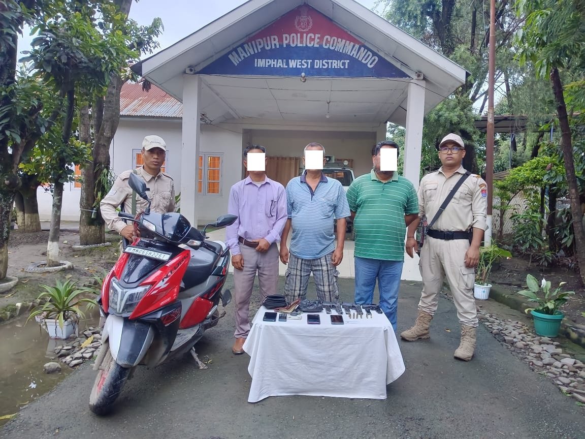 manipur_police's tweet photo. On 24.06.2025, Manipur Police arrested three active cadres of UNLF(P) from Babupara, Imphal West who were involved in extortion and threatening govt employees to gain contract works: i. Konthoujam Opendro Singh (46) @ Ibomcha of Mongsangei Awang Leikai, Imphal West district, ii. Tokpam Tomcha Singh (55) of Wangkhei Tokpam Leikai, Imphal East district, iii. Keithellakpam Saratchandra Mangang (53) of Khurai Soibam Leikai Ahongei Leirak, Imphal East district.
The following were recovered from the arrested persons:
i.02 (two) nos. of 9 mm pistol along with 02 (two) magazines,
ii.08 (eight) nos. of 9 mm ammunition,
iii.01 (one) no. of .32 pistol along with 01 (one) magazine loaded with 04 (four) rounds of 7.65 mm ammunition,
iv.04 (four) nos. of mobile handsets,
v.01 (one) no. of brown wallet,
vi.A sum of Rs. 3,800/-,
vii.02 (two) nos. of Aadhaar cards,
viii.01 (one) no. of black side bag and
ix.01 (one) no. of TVS NTORQ scooter red and black in colour along with its key.