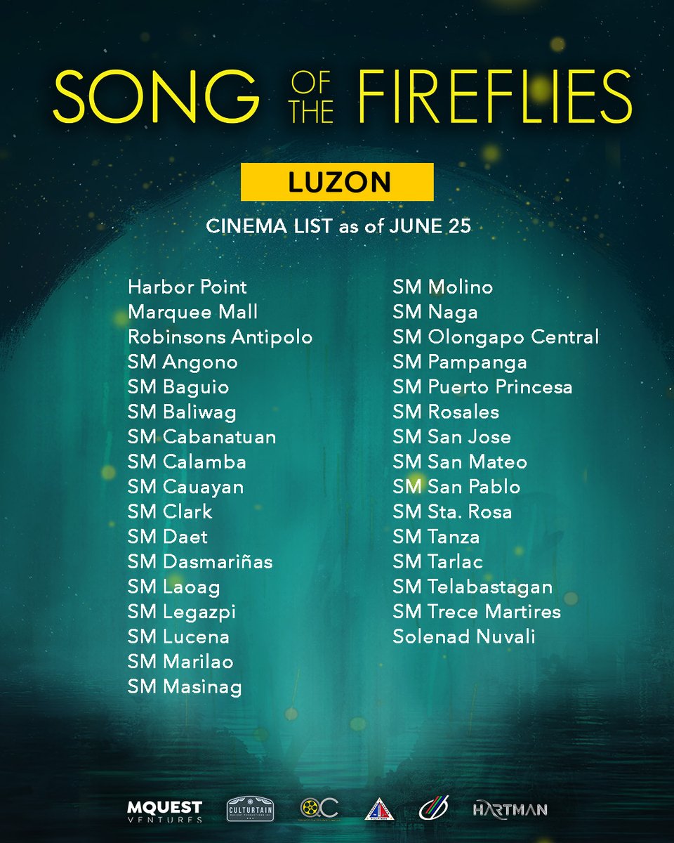 News5PH's tweet photo. NOW SHOWING: SONG OF THE FIREFLIES 🌟

Mapapanood na ang musical film na "Song of the Fireflies" simula ngayong Miyerkules, June 25. Ipalalabas ito sa 85 sinehan sa bansa.

Tungkol ang pelikula sa kwento ng Loboc Children's Choir ng Bohol.

Pinagbibidahan ito nina Morissette, Rachel Alejandro, Krystal Brimner, Noel Comia Jr., at iba pa.

Ipinroduce ito ng Culturtain Musicat Productions sa pakikipagtulungan ng MQuest Ventures, Quezon City Film Development Commission, Quezon City Government, at CMB Films.

📷: MQuest Ventures