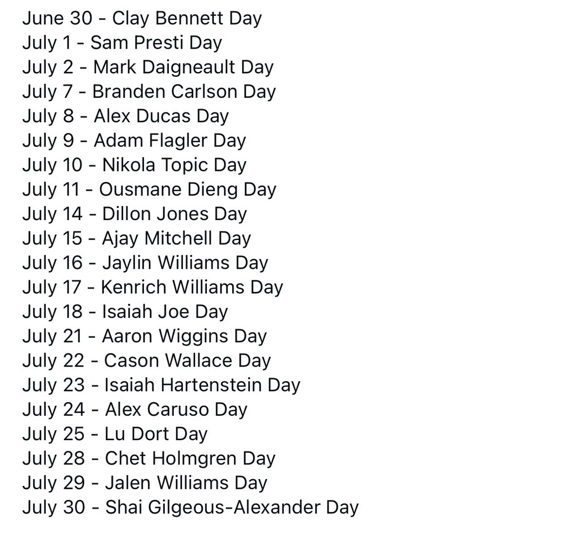 davidfholt's tweet photo. The people who brought us our city’s first NBA championship deserve every honor we can bestow, and so I announced today the following special days in Oklahoma City in June and July, 2025: https://t.co/KO5GebA3oG