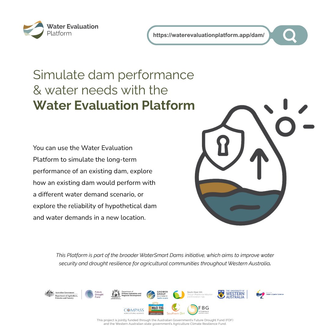 GGA_WA's tweet photo. 🚰A new digital platform Water Evaluation Platform (WEP) is helping WA farmers take the guesswork out of water infrastructure planning. The WEP is now available! 🚰 Read the full media release: https://t.co/i57VepRVMz
#SmartDams #WADroughtHub @@CWSS_UWA https://t.co/duledFQkVI