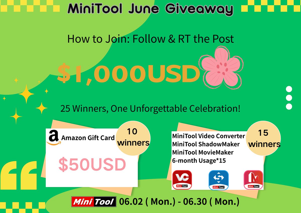 minitool_'s tweet image. 🎊We're doing it again in June! #MiniTool Product Support Giveaway🎊

／
🔥A chance to win prizes worth over $1,000USD!
＼

🎁How to participate:
① Follow @minitool_
② RT this post🔁 

✨Prize contents:
🟢#Amazon Gift Card worth $5USD x 10 people
🟡MiniTool Product (6 month