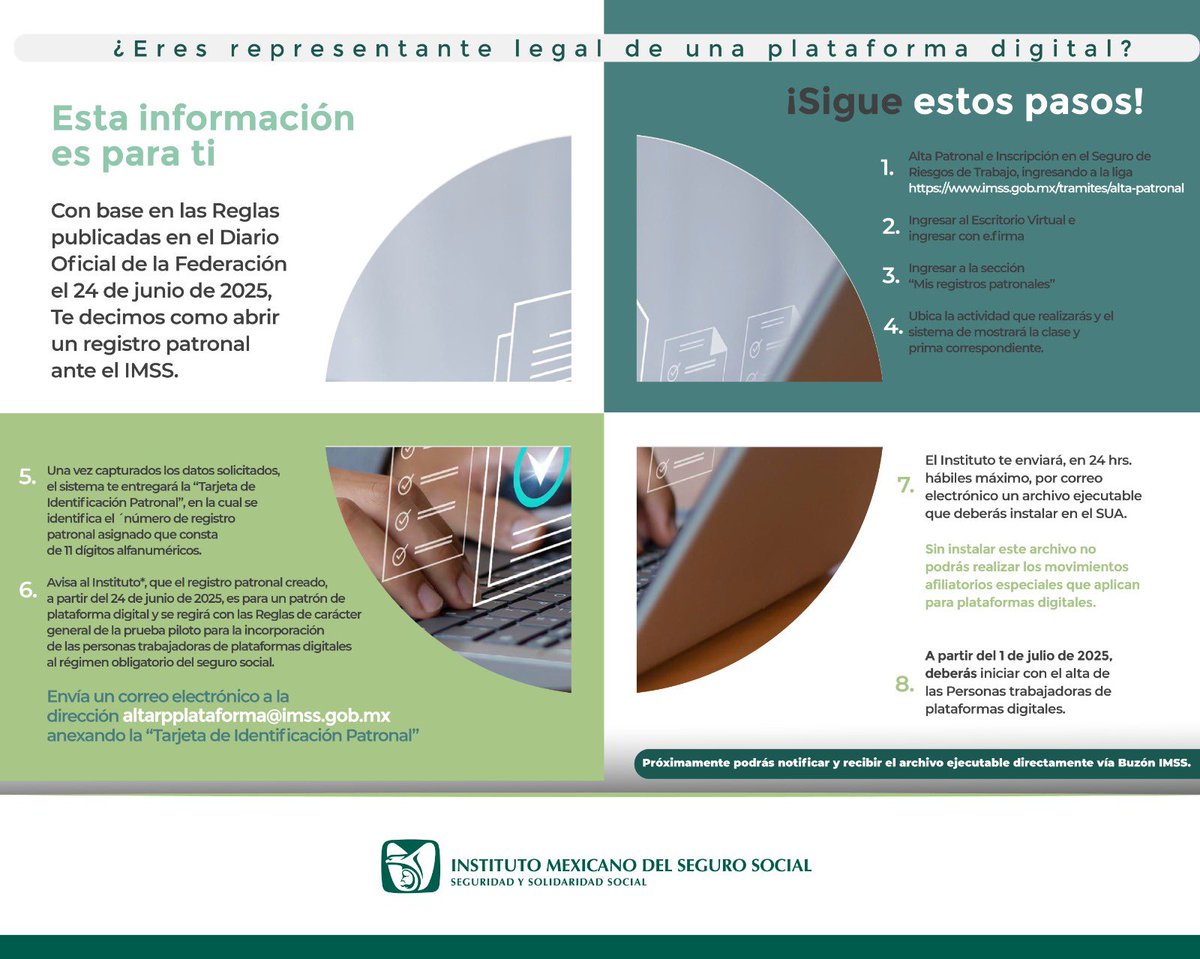 👨‍💼 Si eres representante legal de una plataforma digital, abre tu registro patronal en el #IMSS. 📝

Sigue los pasos 👉 imss.gob.mx/tramites/alta-…