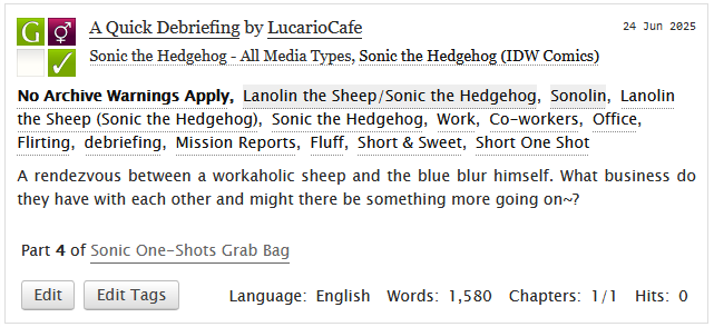 LucarioCafe's tweet photo. This is a quick little #sonolin fic I whipped up.
Give it a read if the idea even mildly intrigues you!
https://t.co/ONcOXisrnb
#sonicthehedgehog #lanolinthesheep https://t.co/wANwjoWAqY