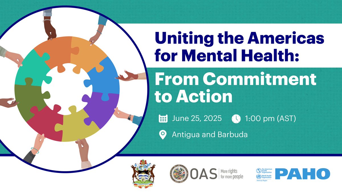 OEA_oficial's tweet image. TOMORROW🧠Mental health in the hemispheric agenda
In the framework of the #OASassembly, the Government of 🇦🇬 and @pahowho will host the event "Uniting the Americas for Mental Health: From Commitment to Action
📅June 25
📍St.John’s
🖥️oas.org
paho.org/en/events/even…