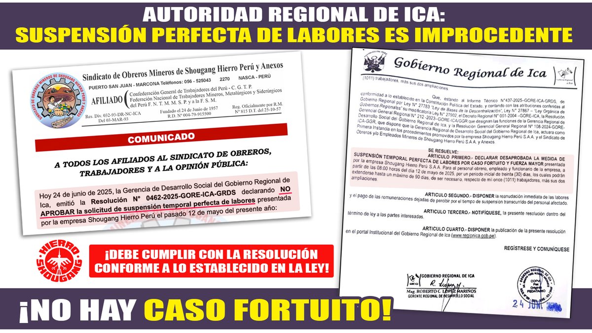 GORE-Ica a través de la Gerencia de Desarrollo Social emitió la Resolución N° 0462-2025-GORE-ICA-GRDS DESAPROBANDO solicitud de suspensión temporal perfecta de labores presentada por <a href="/ShougangHP/">Shougang Hierro Perú</a> el pasado 12 de mayo. COMUNICADO: ✅bit.ly/3GfPJOn <a href="/SunafilPeru/">SUNAFIL PERÚ 🔎</a> <a href="/MTPE_Peru/">Ministerio de Trabajo y Promoción del Empleo</a>