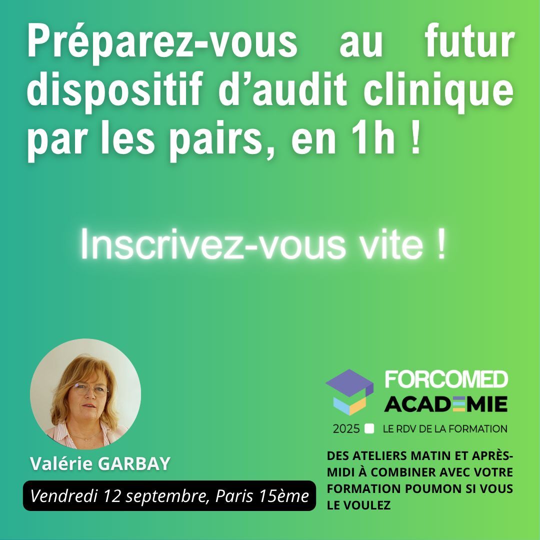 🔍 Faites le point sur les audits cliniques par les pairs en 1h ! Valérie Garbay dévoile son expertise qualité le 12 sept. 2025, Paris 15ème. Inscrivez-vous vite ! bit.ly/Forcomed-Acade…