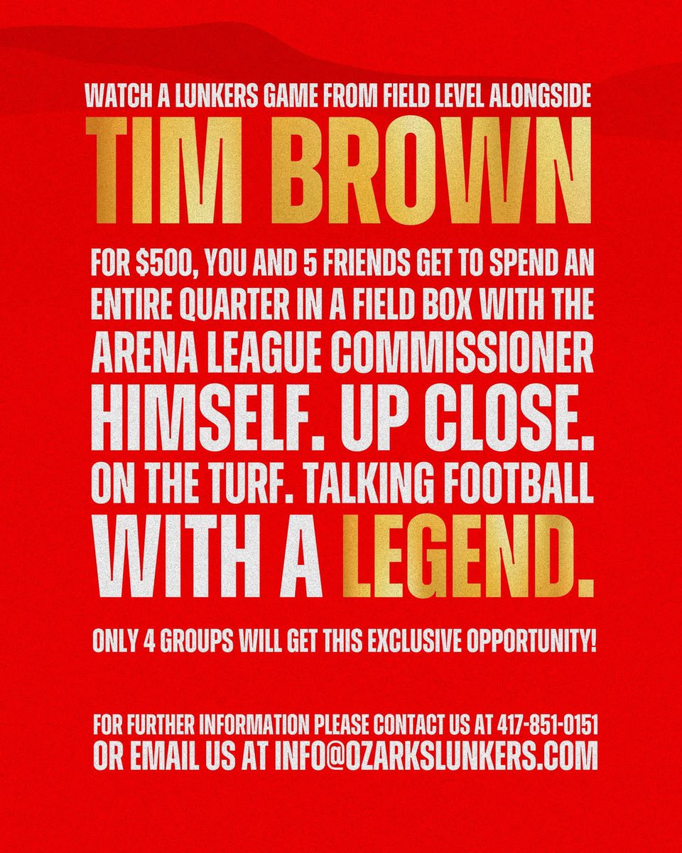 🚨 Once-in-a-lifetime experience alert! 🚨

Watch a Lunkers game from field level alongside one of the greatest to ever play the game — Heisman Trophy winner and NFL Hall of Famer Tim Brown! <a href="/81TimBrown/">Tim Brown</a> 

For $500, you and 5 friends get to spend an entire quarter in a field box