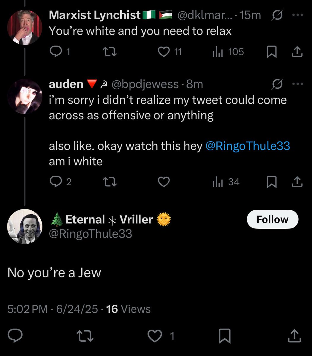 A Jewish woman @‘d a Nazi in my replies to ask if she was white to prove a point. There has never been anything like this app in the history of the world.