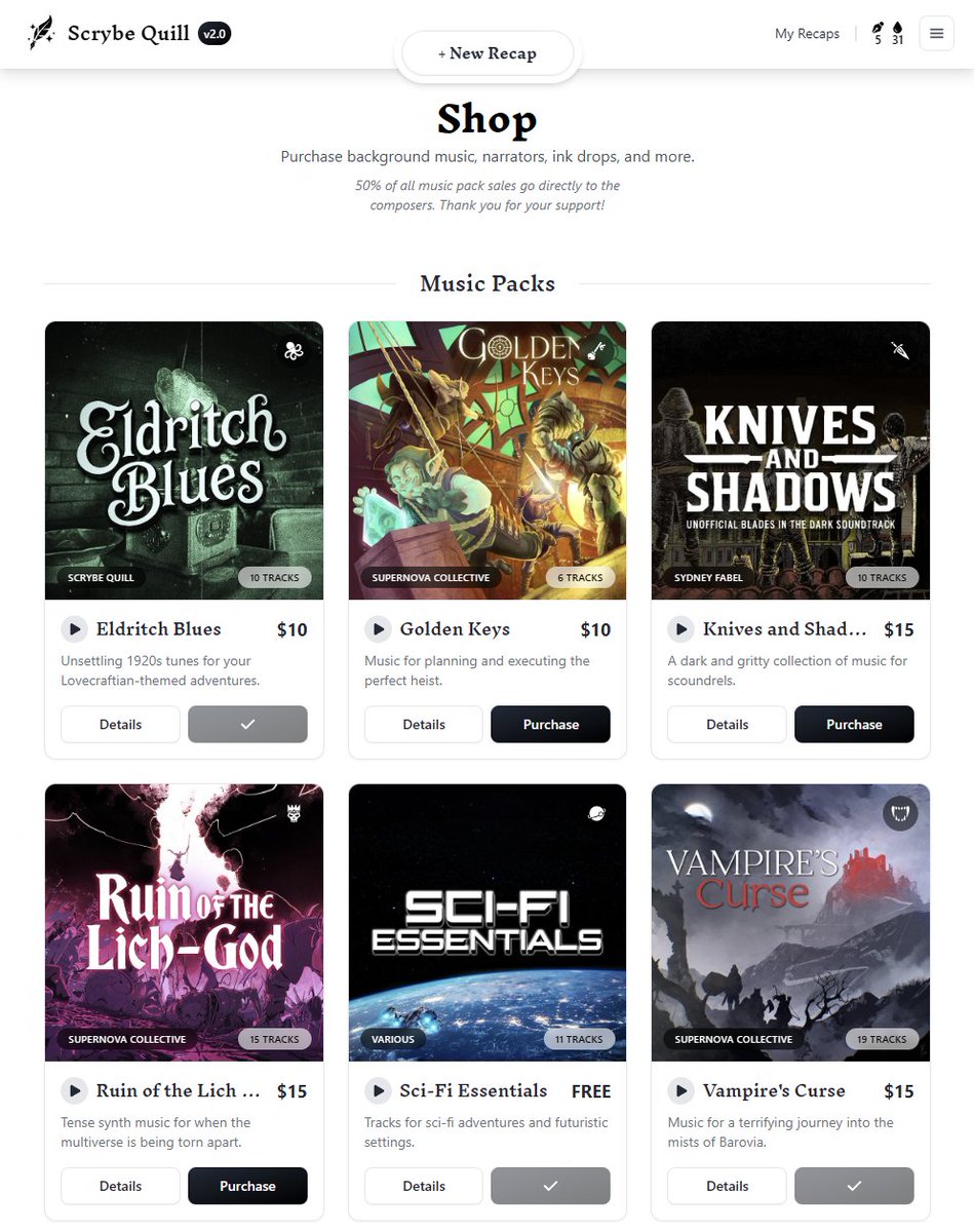 ScrybeQuill's tweet photo. Looking for some more background music for your Scrybe Quill recaps? Check out the brand new shop!

I've partnered with Sydney Fabel and @co_supernova to offer some of their incredible music in bundles. Check them out!

https://t.co/muCESYQ4GO

#dnd #dnd5e #ttrpg #scrybequill https://t.co/yhrrfCbtZZ