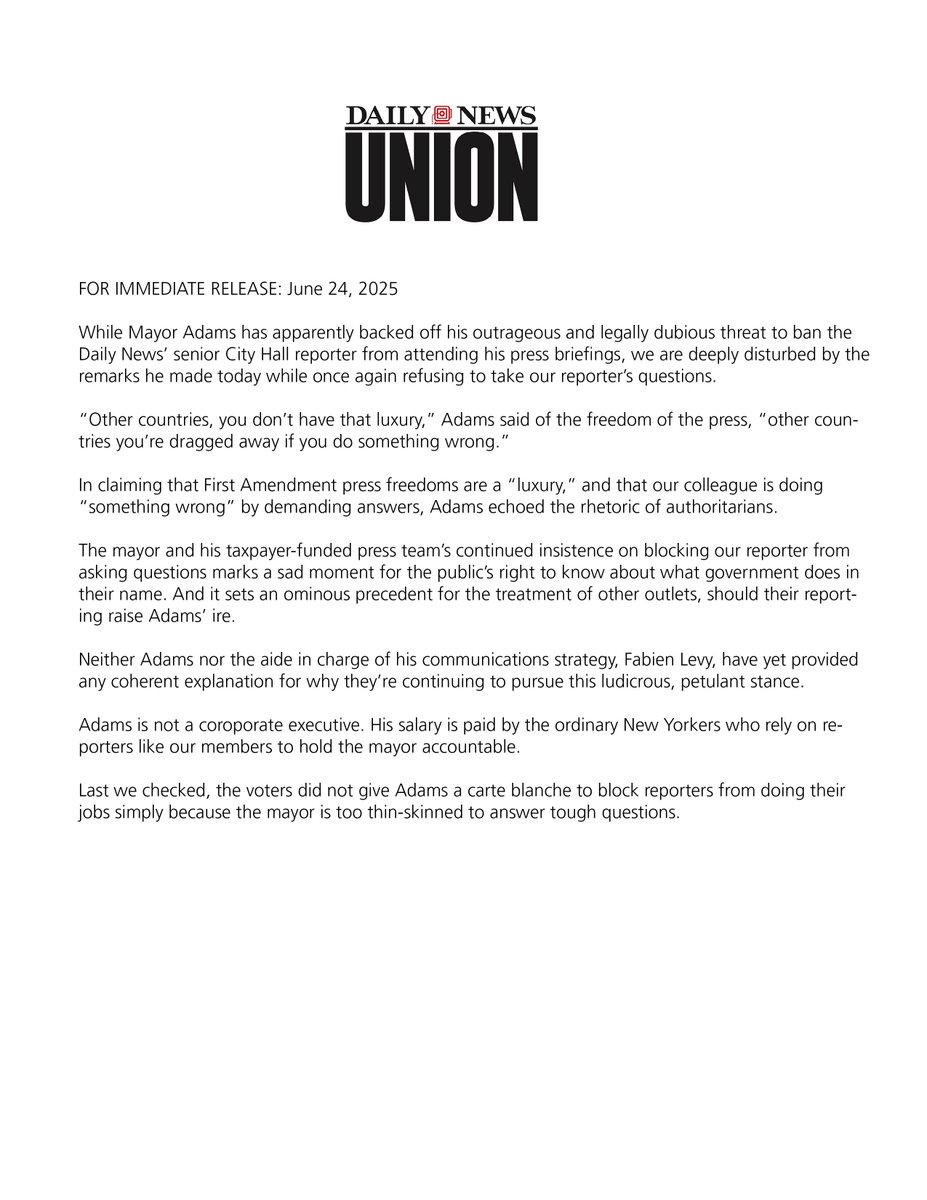 Our statement on Mayor Adams' comments and conduct at today's press conference: