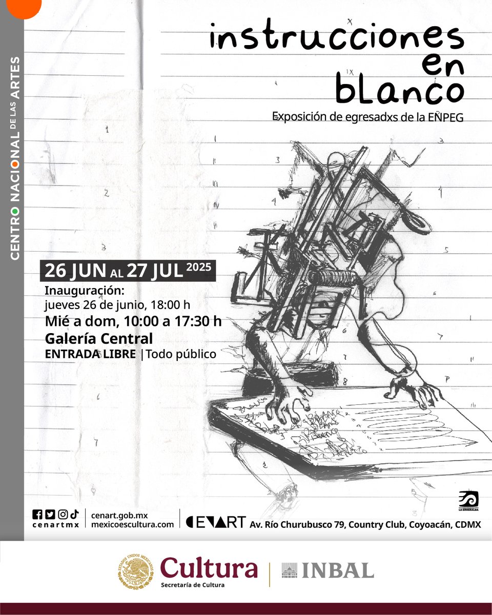 Centro Nacional de las Artes (@cenartmx) on Twitter photo Nos vemos este jueves en la inauguración de instrucciones en blanco, exposición de artistas que egresaron de la <a href="/EsmeraldaENPEG/">ENPEG "La Esmeralda"</a>. Nos vemos este jueves en la inauguración de instrucciones en blanco, exposición de artistas que egresaron de la <a href="/EsmeraldaENPEG/">ENPEG "La Esmeralda"</a>.