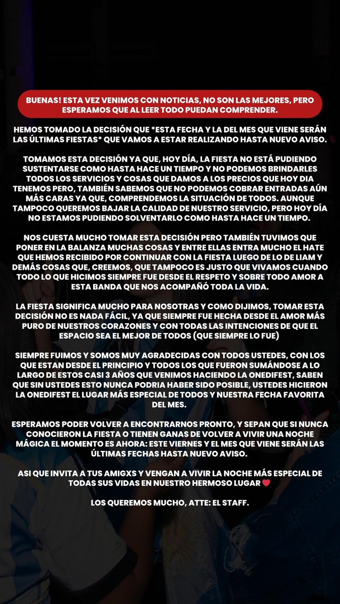 onedifest's tweet photo. No siempre hay buenas noticias, hoy es uno de esos días 😭 

Esperamos verlxs en estas últimas dos fechas de la onedi 🫵🙌 https://t.co/17FKkU7bJR
