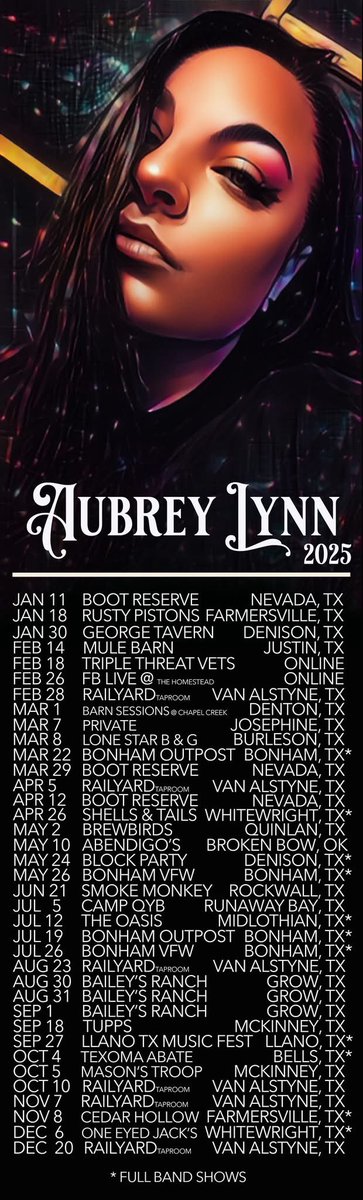 aubreylynnmusic's tweet image. 🇺🇸5 NEW SHOWS ADDED!🇺🇸
We’d love to come play at your venue, festival, or private party event in 2025! NOW BOOKING! Contact us via email: aubreylynnmusic@gmail.com and let’s book a date! #AubreyLynnMusic #booking2025 #risingcreator #Texas #Country #Music #LIVE #shows #veterans