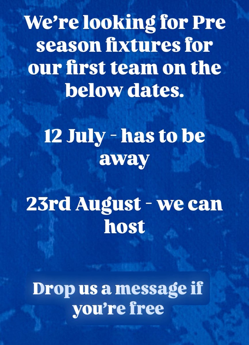 We’re after two pre season friendlies for our first team

12th July - has to be away due to pitch availability 

23rd August - we can host 

Let us know!