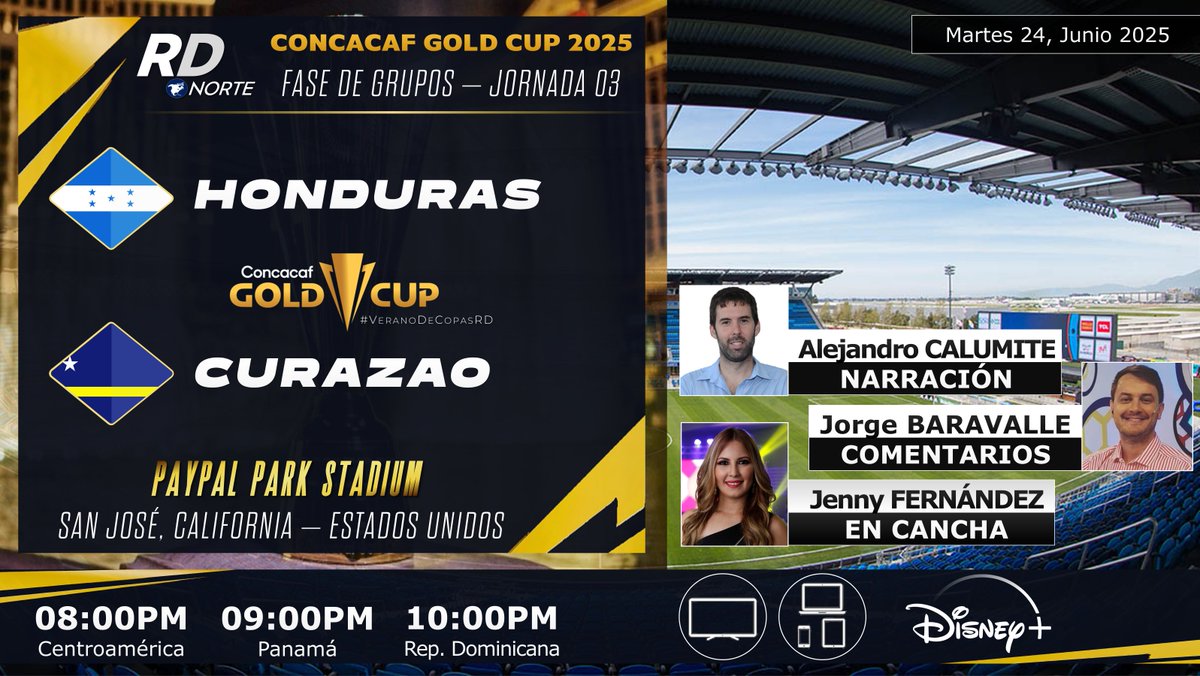 DeportivaCR's tweet photo. 🇭🇳 @FFH_Honduras  v @Curacaofootbal1 🇨🇼
🎙️ @alecalumite @jorgebaravalle @JFernandezHN15 
⏰08:00pm C.A.  09:00pm PAN

📺💻 @disneyplusla Premium (C.A.)
🇨🇷 #VeranoDeCopasRD #VeranoFutbolero #CopaOroxESPN #GoldCup #HONvsCUW 
🏆 @GoldCup 2025 | Fase de Grupos - Fecha 03 https://t.co/BG2TMtM6zF