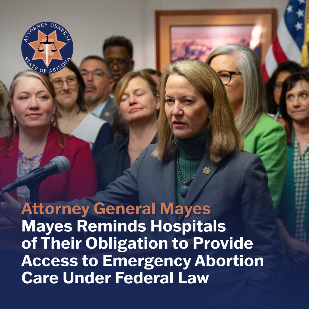 I joined a coalition of AGs in a letter to the American Hospital Association reminding hospitals of their obligation to provide emergency abortion care. I will continue using every legal tool at my disposal to protect reproductive freedom

Press release: azag.gov/press-release/…