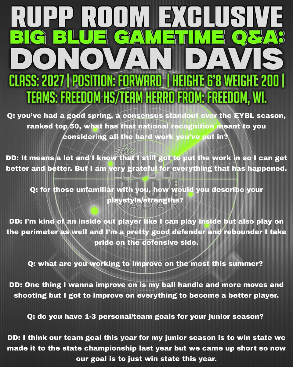 Dylan (@bigbluedylan) on Twitter photo RECRUIT INTERVIEW: Donovan Davis.
(Vol.019) <a href="/DavisBB21/">Donovan Davis</a>
2027 4⭐️ was recently contacted by Kentucky! Extremely versatile F, has a ton of potential.
We talked schools, what he’s looking for in a coach, and of course his Kentucky interest. Check it out.
Thanks again Donovan! #BBN RECRUIT INTERVIEW: Donovan Davis.
(Vol.019) <a href="/DavisBB21/">Donovan Davis</a>
2027 4⭐️ was recently contacted by Kentucky! Extremely versatile F, has a ton of potential.
We talked schools, what he’s looking for in a coach, and of course his Kentucky interest. Check it out.
Thanks again Donovan! #BBN