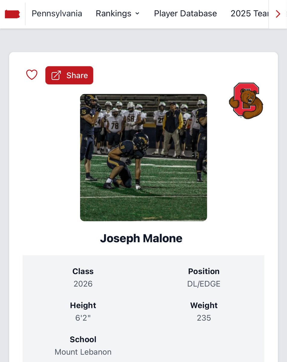 VicCastilloPRZ (@przpavic) on Twitter photo Mt. Lebanon's <a href="/Joe_Malone13/">Joseph Malone</a> announced his commitment to <a href="/BigRed_Football/">Cornell Football</a> on June 22nd.
A Top 100 player, big get for Cornell University. <a href="/DanSwanstrom/">Dan Swanstrom</a> & <a href="/CoachBhakta/">Satyen Bhakta</a>
PRZ profile created and graded on JANUARY 22ND, 2024 Mt. Lebanon's <a href="/Joe_Malone13/">Joseph Malone</a> announced his commitment to <a href="/BigRed_Football/">Cornell Football</a> on June 22nd.
A Top 100 player, big get for Cornell University. <a href="/DanSwanstrom/">Dan Swanstrom</a> & <a href="/CoachBhakta/">Satyen Bhakta</a>
PRZ profile created and graded on JANUARY 22ND, 2024