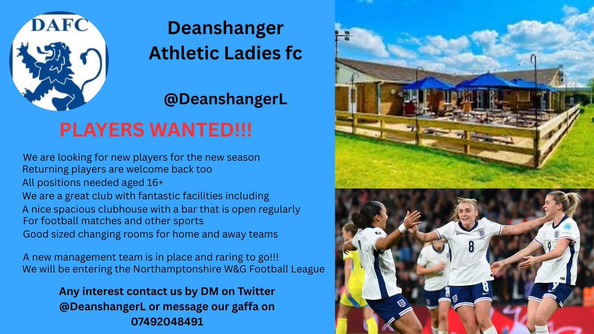 🚨 ATTENTION FEMALE FOOTBALLERS🚨

Have you been out of the game  a while and want to get back involved, want to start playing or just not happy where you currently are, all abilities are welcome!!

📆 Training on Tuesdays 7pm at the club
🏟️ Matches on Sundays 2pm 
⚽️ Ages 16+