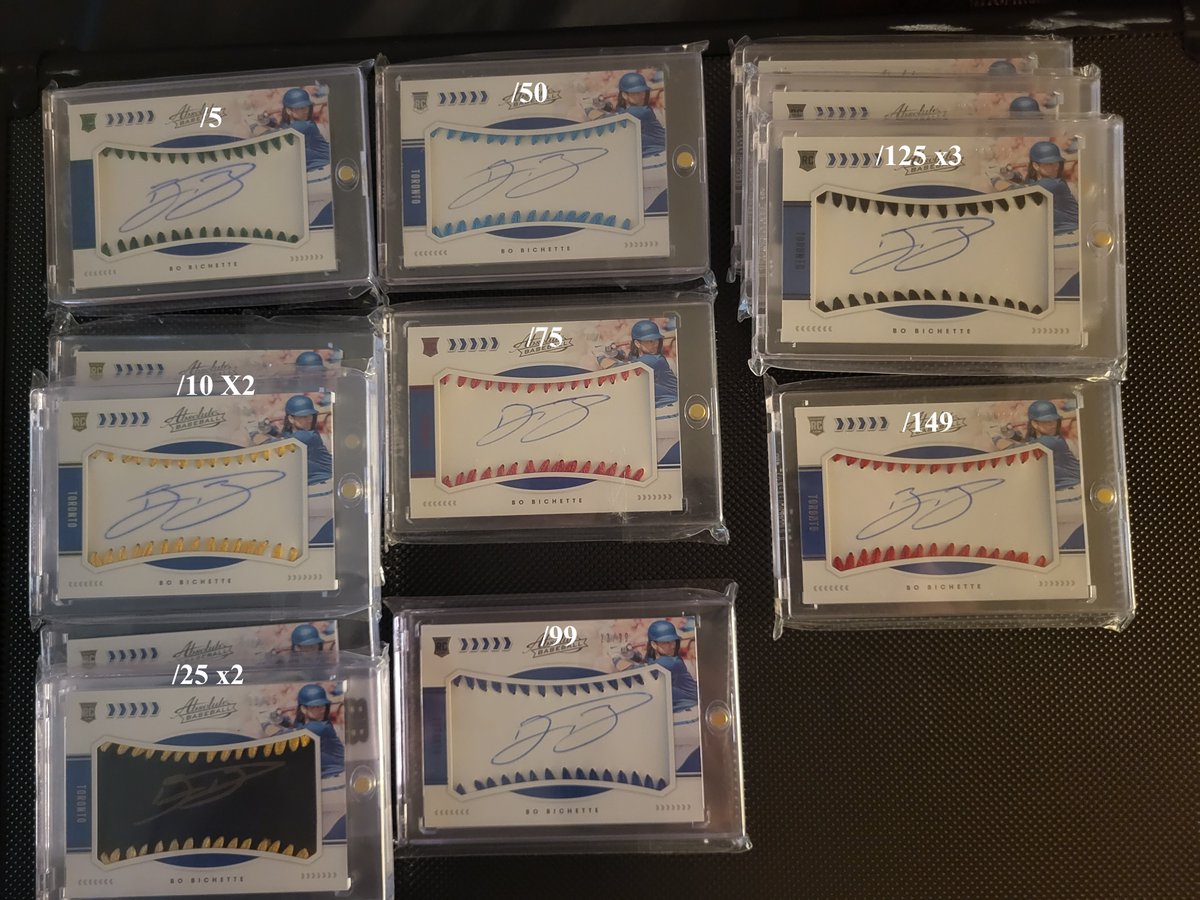 Almost complete with the Bo Bichette 2020 Absolute Rookie Baseball Material Signatures rainbow. Only missing the 1/1 Red &amp; Blue. <a href="/CardsCottage/">CottageCountryCards</a> <a href="/zesty_mate/">Sarah Garrett</a> <a href="/Nesterp99/">Nester Nester The Card Suggester 🇨🇦</a> <a href="/CardPurchaser/">Card Purchaser</a>