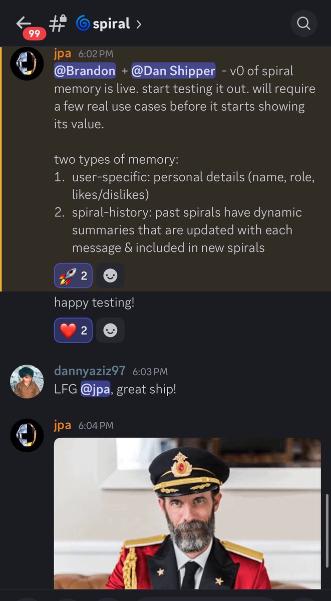 Wild: 

<a href="/josephpalbanese/">jpa</a> spent ONE DAY and built a memory system for the new agentic version of <a href="/TrySpiral/">Spiral</a>

This is the coolest thing about coding with AI: it lets your talented friends jump on the keys and collab on a project with minimal setup time. 

I predict more and more