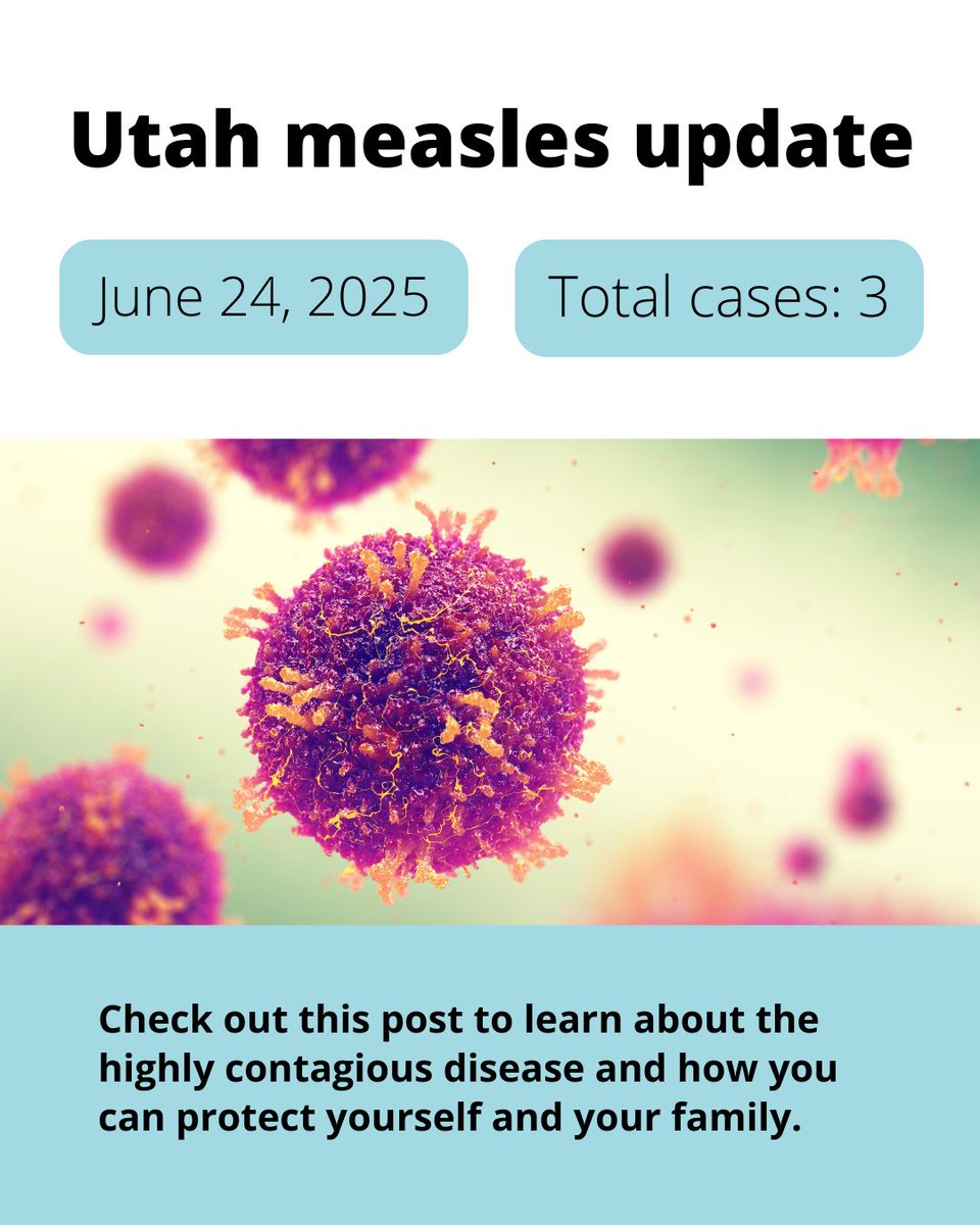 UtahDHHS's tweet image. Utah Measles Alert: Two new measles cases have been confirmed in Utah: One is an adult in Utah County, and the other is a Southwest Utah resident. This brings Utah’s total to 3 cases. 
The two new cases are unvaccinated and not linked to each other or the person diagnosed with…