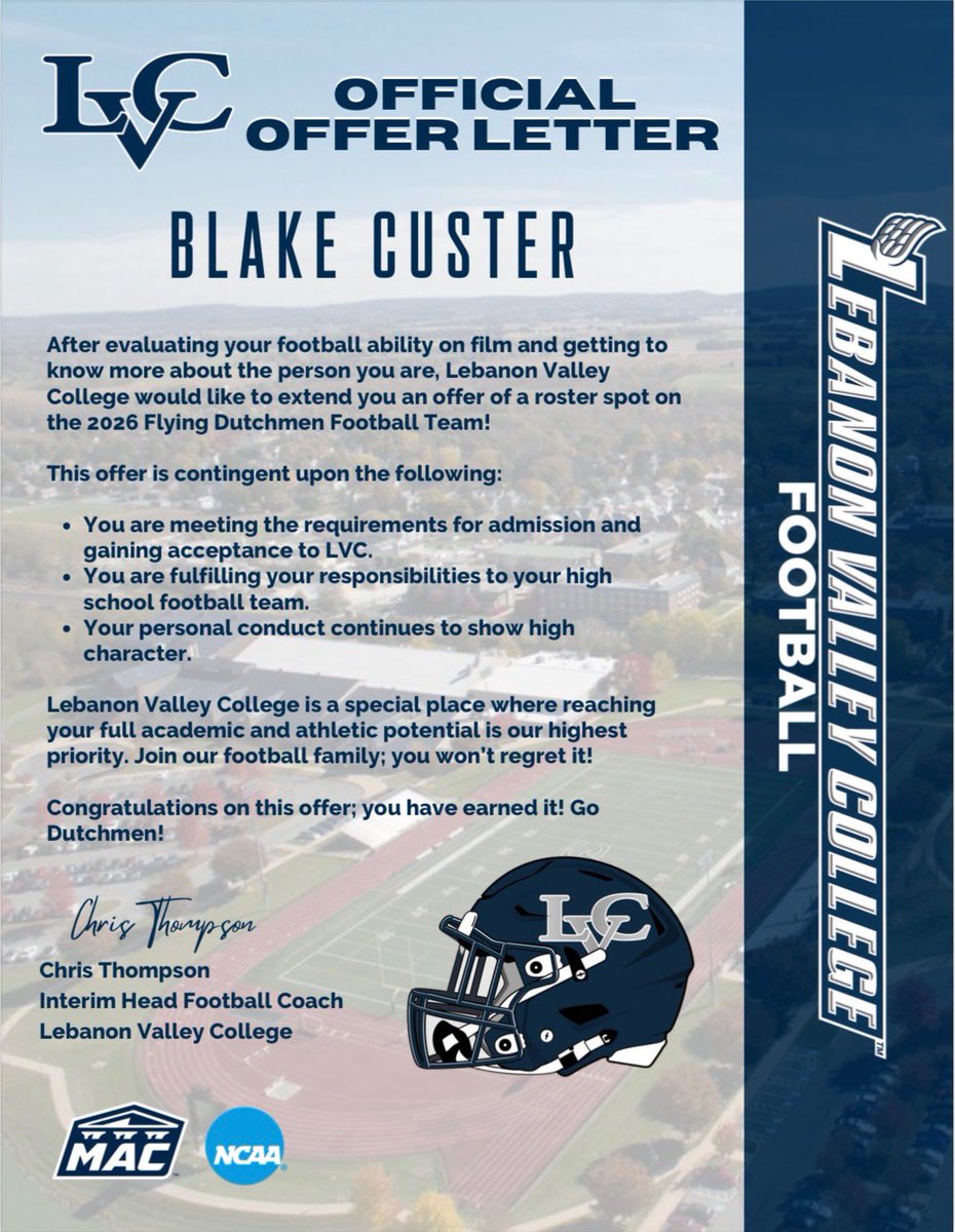 Blake Custer (@blakecuster43) on Twitter photo After a great call with <a href="/CoachThompsonCT/">Chris Thompson (Coach T)</a>, I am blessed to receive another offer from Lebanon Valley College!
<a href="/LVCFootball/">LVC Football</a> <a href="/jbeidler1/">Jack Beidler</a> <a href="/CoachMelhorn/">Tyler Melhorn, CSCS</a> <a href="/CoachPBeltran/">Pablo Beltran</a> <a href="/DmvSportsLive6/">DmvSports</a> <a href="/SportsMajors/">SportsMajors</a> <a href="/Spotlight39_Pod/">SPOTLIGHT 39</a> <a href="/CoastRecruits/">Coast 2 Coast Recruits</a> After a great call with <a href="/CoachThompsonCT/">Chris Thompson (Coach T)</a>, I am blessed to receive another offer from Lebanon Valley College!
<a href="/LVCFootball/">LVC Football</a> <a href="/jbeidler1/">Jack Beidler</a> <a href="/CoachMelhorn/">Tyler Melhorn, CSCS</a> <a href="/CoachPBeltran/">Pablo Beltran</a> <a href="/DmvSportsLive6/">DmvSports</a> <a href="/SportsMajors/">SportsMajors</a> <a href="/Spotlight39_Pod/">SPOTLIGHT 39</a> <a href="/CoastRecruits/">Coast 2 Coast Recruits</a>