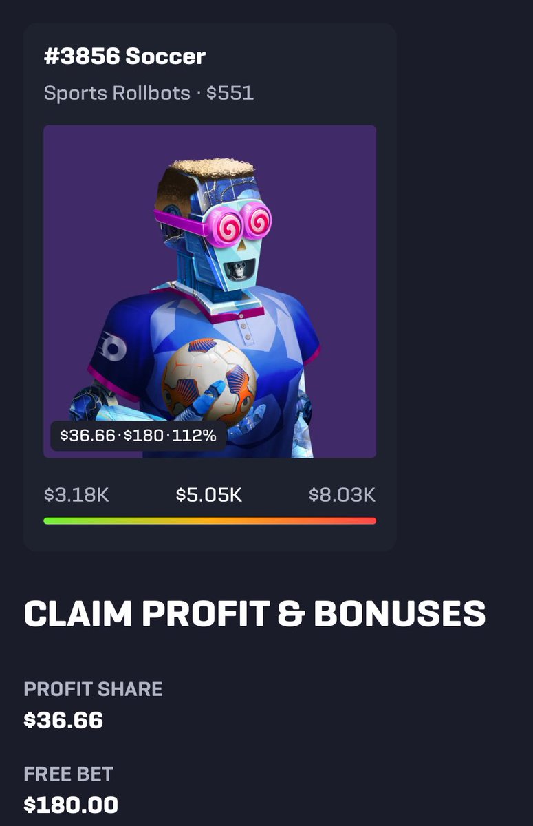 Todays @Rollbit Sports Bot claim

Profit share: $36.66
Free bet: $180

Have lots of bets on the EPL now, if $RLB remains this low I’ll need to buy some more with the winnings 🙏