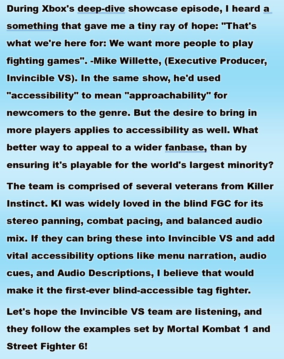 Jennissary (@jennissary) on Twitter photo The 2D fighter genre is one of few which has inherent accessibility for blind players. Here's hoping that the team behind "Invincible VS" will build more #Accessibility features in for their fans with visual impairments!
<a href="/berserker_mike/">Mike Willette</a> <a href="/InvincibleVS/">Invincible VS</a> The 2D fighter genre is one of few which has inherent accessibility for blind players. Here's hoping that the team behind "Invincible VS" will build more #Accessibility features in for their fans with visual impairments!
<a href="/berserker_mike/">Mike Willette</a> <a href="/InvincibleVS/">Invincible VS</a>