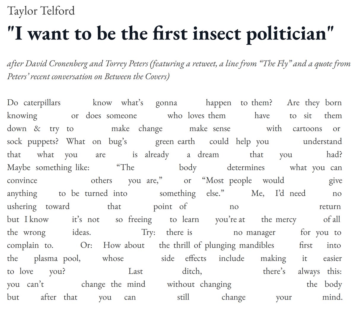 Dishsoap Quarterly (@dishsoapquart) on Twitter photo Lovely, funky, buggy piece up today that'll have you reconsidering any rules against insects running for office. Enjoy "I want to be the first insect politician" from <a href="/taylormtelford/">Taylor Telford</a>
Link: dishsoap-quarterly.com/6-24-25/insect/ Lovely, funky, buggy piece up today that'll have you reconsidering any rules against insects running for office. Enjoy "I want to be the first insect politician" from <a href="/taylormtelford/">Taylor Telford</a>
Link: dishsoap-quarterly.com/6-24-25/insect/