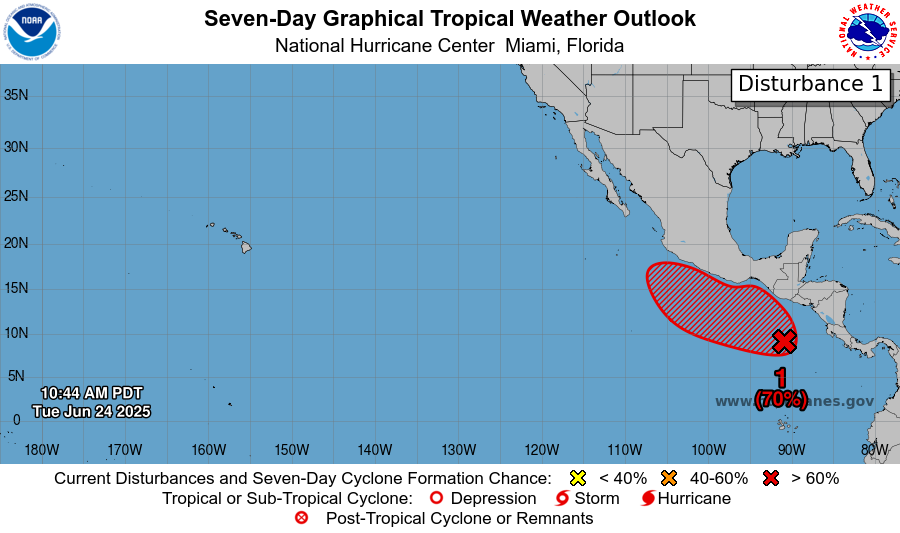 USAS_WW1's tweet photo. #Andrea #HurricaneSeason #FEMA #hurricanes: Tropical Storm Andrea is 2025's first Atlantic cyclone. A possible Pacific cyclone is forming S of Puerto Vallarta and Guadalajara, Mexico with a 10% chance of forming within 2 days and 70% within 7. So I forecast 4 days! 📸 NOAA:🌀🙏⛈️ https://t.co/0uvGE4PFcr