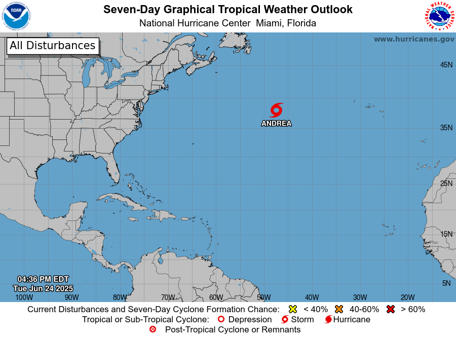 USAS_WW1's tweet photo. #Andrea #HurricaneSeason #FEMA #hurricanes: Tropical Storm Andrea is 2025's first Atlantic cyclone. A possible Pacific cyclone is forming S of Puerto Vallarta and Guadalajara, Mexico with a 10% chance of forming within 2 days and 70% within 7. So I forecast 4 days! 📸 NOAA:🌀🙏⛈️ https://t.co/0uvGE4PFcr