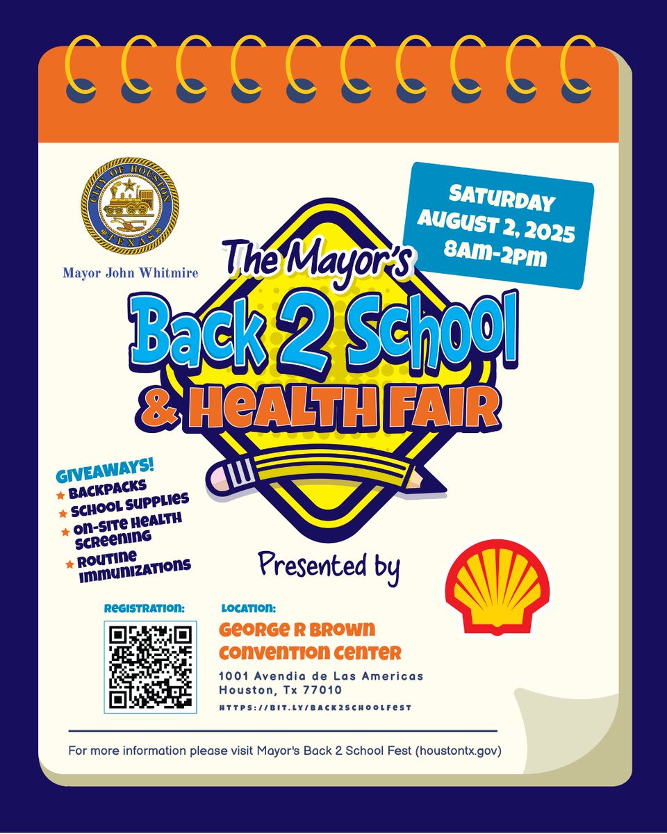 WellsWolverines's tweet image. The Mayor's Office invites you to the Mayor’s Back to School Fest on August 2nd 2025, from 8 AM to 2 PM at the George R. Brown Convention Center! Enjoy FREE resources and giveaways including backpacks, school supplies, and more. Register TODAY bit.ly/Back2SchoolFest