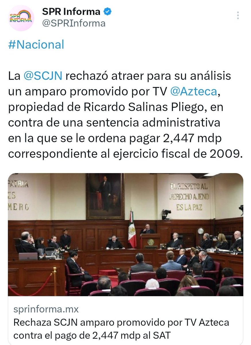 catrina_nortena's tweet photo. #ULTIMAHORA 
🚨 NUEVO GOLPE MORTAL a Salinas Pliego

La @SCJN acaba de rechazar el amparo de @Azteca y tendrá que pagar 2,447 MDP en impuestos que deben desde el 2009.

Todavía no entra el Nuevo Poder Judicial y ya se siente el Poder del Pueblo... https://t.co/3Ul62bR3tl